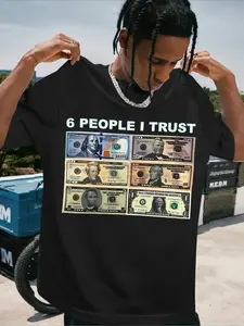 Men'S Casual T-Shirt with "6 People I Trust" Pattern | Retro Style Loose Fit, Round Neck, Short Sleeve, Breathable and Sweat-Absorbent, Print with Bold Dollar Bill Design, Suitable for All Seasons, Machine Washable