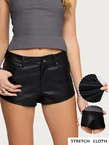 GILIPUR Y2K 2026 Women's Coated Denim Shorts,Womenswear,Casual Pocket Shorts,Casual And Stylish Coated Stretch Shorts,Slim-Fit Street Style Nightclub Party Wear,Plain Pattern, Button Fly Closure,Summer Fashion Items,TChic