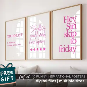 Bright Pink Wall Art Set Sassy Home Office Posters Funny Motivational Quotes for Women Pink Desk Decor Cute Office Accessories Girly Prints