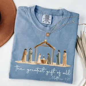 Comfort Colors Vintage Greatest Gift Of All Bow Nativity Coquette Christmas Graphic Tee Hand Drawn Manger Scene T-shirt Christian Holiday Top - TrendWear USA