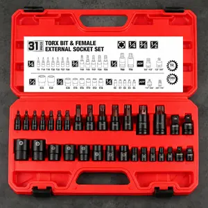 31-piece Torx screwdriver bit set, including 14 star-shaped bits (T8–T70) and 12 E-Torx sockets (E4–E24), plus a 4-piece high-torque laser-etched impact socket adapter set, for outdoor emergencies
