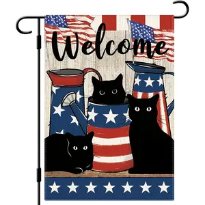 Welcome Patriotic Black Cat Garden Flag, American Flag Watering Can Yard Flag, 4th of July Outdoor Decor