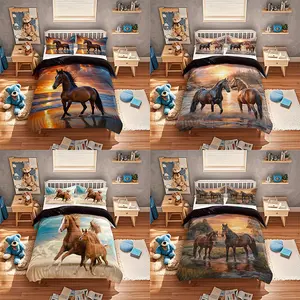 3-Piece Horse Print, Includes 1 Fitted Sheet + 1/2 Pillowcases, High-Definition All-Season Prints, Home & Dorm Use, Easy Care, Soft Bedding Sets