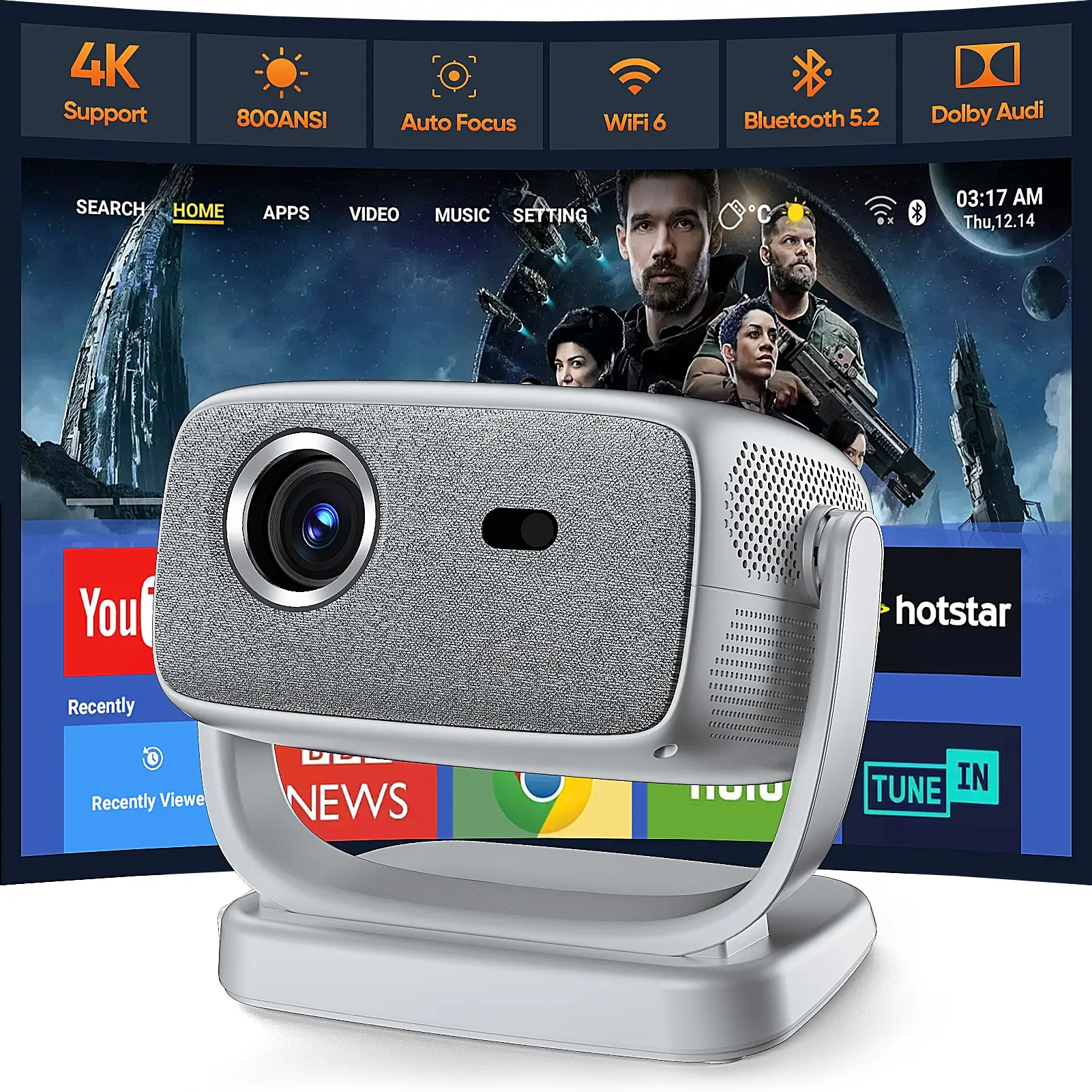 【US Warehouse】HUANLETOU LCD Wireless High-Definition Autofocus Smart Android Projector, 800ANSI Native 1080P Resolution, Auto Trapezoidal Correction, WiFi6, Bluetooth5.2, 200-inch Screen, Audio-Equipped for Home Theater Outdoor Entertainment, Wireless Pro