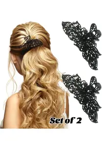 2Pcs Large Retro Style Hollowed Jaw Hair Clip for Women, Fashion Black Alloy Hair Clip Headwear, Retro Flowers Clip for Thick Hair, comfortable for hair holding, durable and lightweight, perfect for weddings,parties,banquets, ceremonies,balls,birthdays