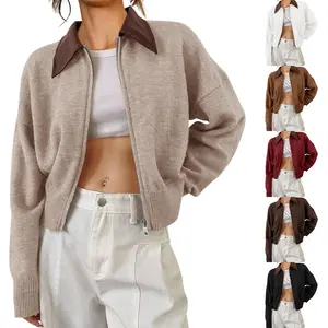 FMEYOA Womens Zip Up Cardigan Sweaters Cropped Faux Leather Collared Open Front Long Sleeve Fall Sweater Jacket