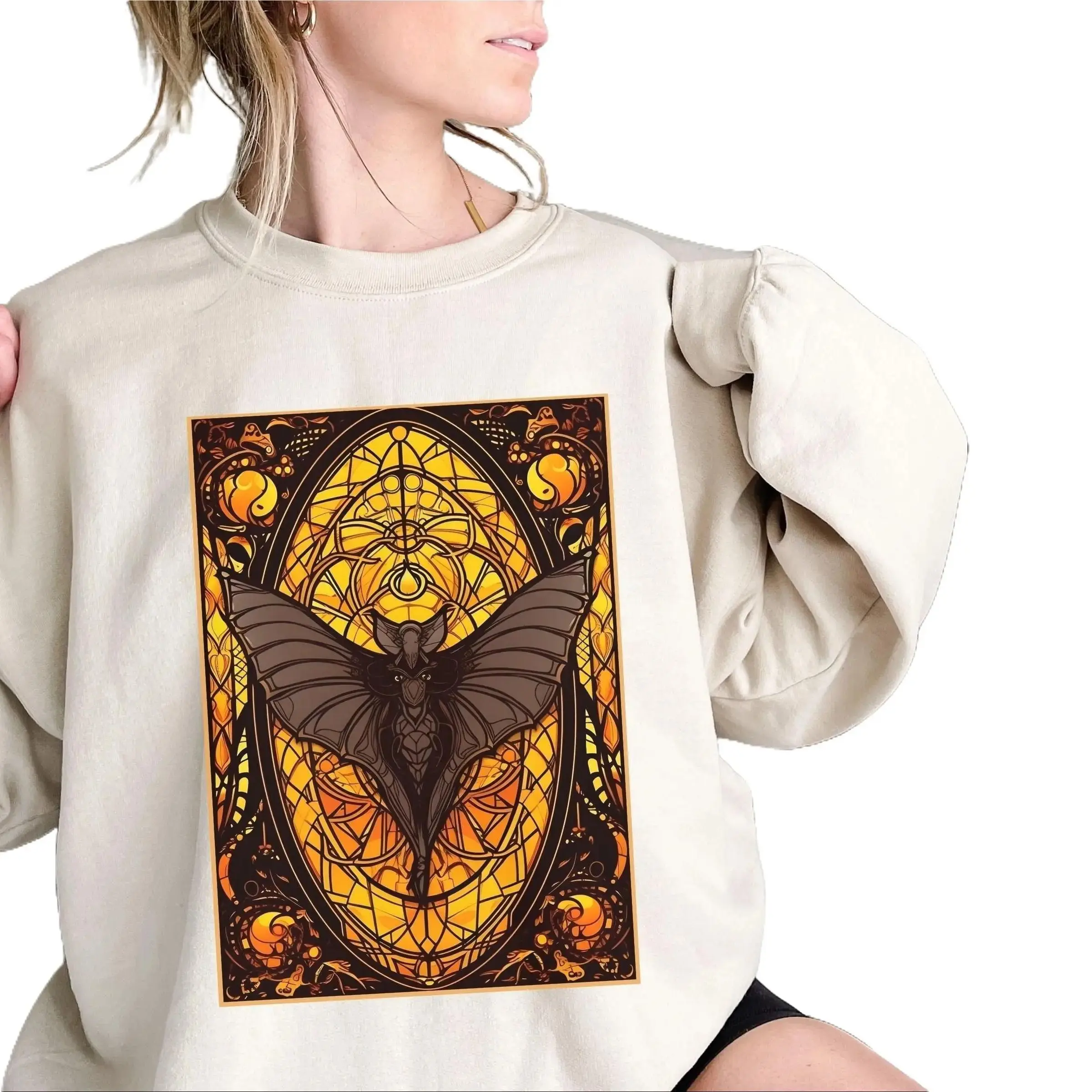 Stained Glass Flying Bat Tarot Card Sweatshirt, Witchy Cottagecore, Goblincore, Tarot Card Lover, Halloween Fall Festival Party Sweater