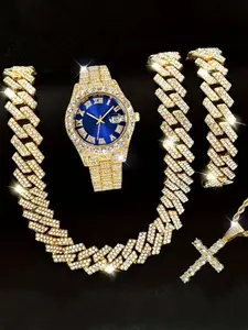 4pcs Men's Hip Hop Bling Quartz Watch Set: Golden-Tone Watch Set with Rhinestone Bezel, Cuban Chain Necklace & Bracelet, Cross Pendant - Luxurious Jewelry Gift, Fashion Trend, The First Choice For Men's Gifts