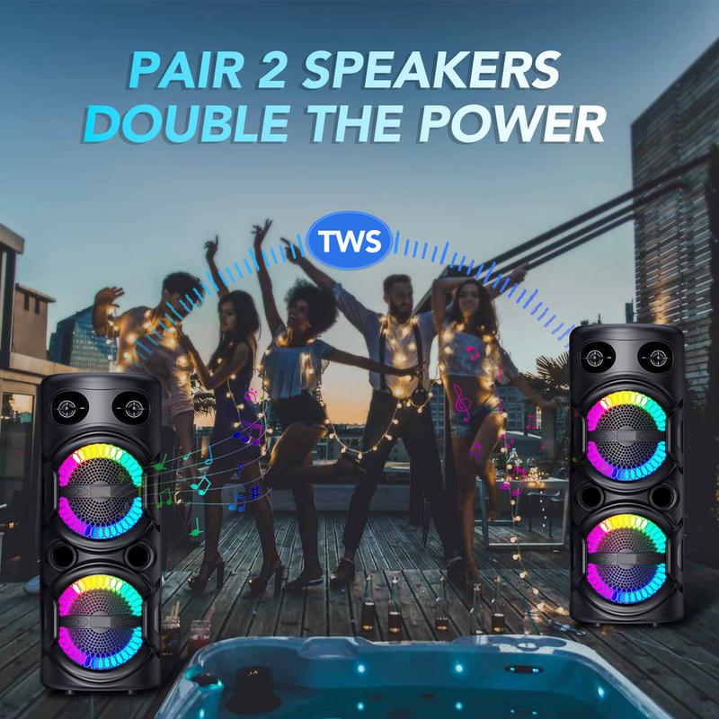 Portable Bluetooth Speaker Dual 8 inch Subwoofer Party Speaker Rechargeable With Microphone LED Light FM Remote Control Sound System