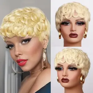 Pixie Cut Wigs Human Hair for Black Women, Loose Wave Short Curly Pixie Cut Wig Brazilian Virgin Human Hair Glueless Layered Pixie Curly Wigs With Bangs for Density 150% Volume Wig for Daily Wear, & Party