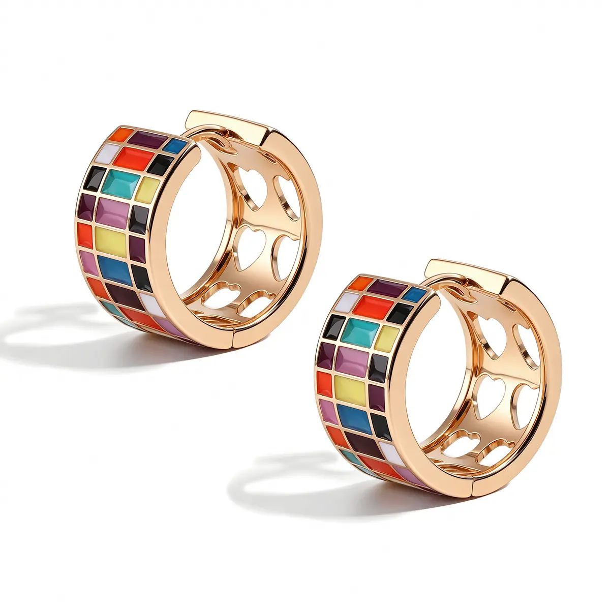 Vibrant Checkerboard Hoop Earrings – Rose Gold Heart Cutout Design for Trendy WomenColorful Mosaic Earrings with Hollow Heart Detail – Lightweight & Chic for Daily WearRetro Rainbow Grid Earrings – Gold-Tone Hoops with Enamel Squares, TikTok Style