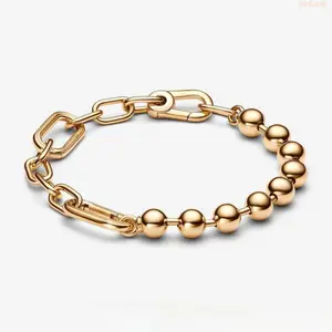 NTRJME  925 Golden Round Bead Bracelet, Suitable for Bracelet Charms, Fashionable and Jewelry, Thanksgiving Gift, Great Gift for Her