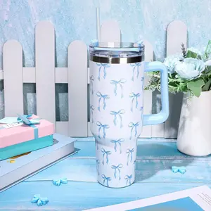 Whaline 40 Oz Blue Bow Tumbler with Handle Straw and Lid Bow-Knot Travel Coffee Tumbler Cup for Women Friend Holiday Birthday