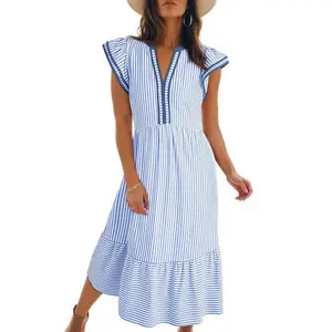 Womens Dresses Summer V-Neck Ruffle Cap Sleeve Empire Waist Flowy Striped Beach Midi Dress with Pockets