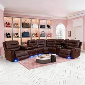 Luxury Sofa Dark Red Breathing Leather 3-Piece Living Room Recliner Sofa Set with LED Lighting and Storage