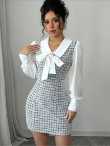 Elegant Women's Dress with Contrast Color Bowknot Detail, 2-In-1 Romantic Design, Perfect for Special Occasions & Daily Wear