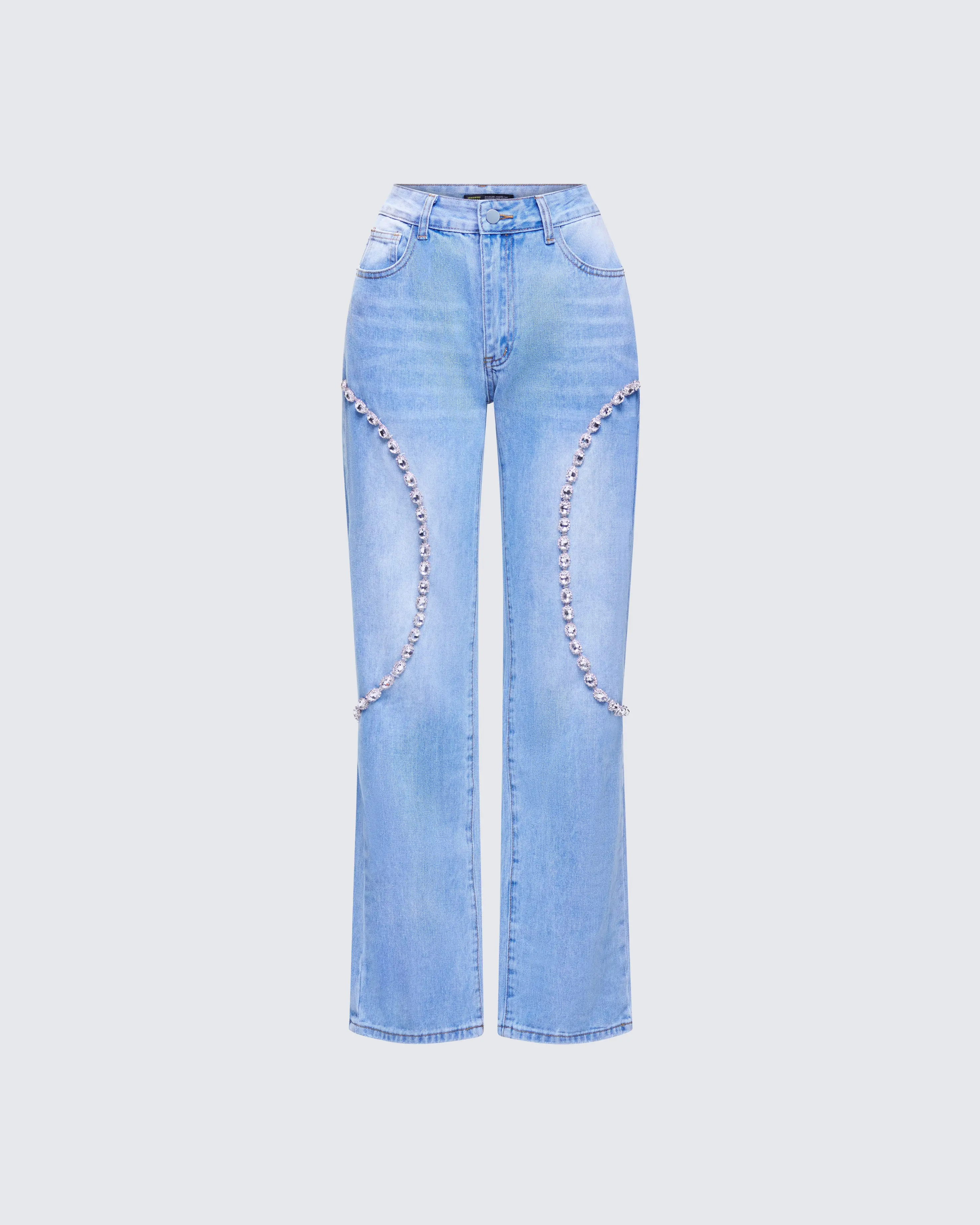 Women's Margaux Blue Denim Bottoms, Crystal-Path Statement Leg Jeans