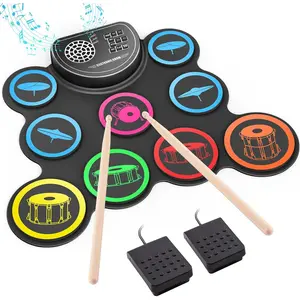 Drum Set, 9-Drum Practice Pad with Headphone Jack, Roll-up Drum Kit Machine with Built-in Speaker Drum Pedals and Sticks 10 Hours Playtime,  Christmas for
