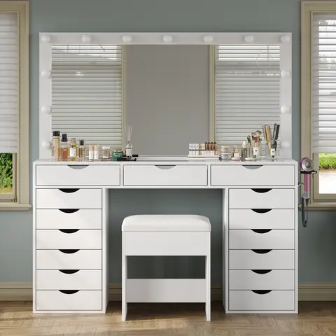 [Shipped in 2 Packages] FUSOU 55"Vanity Desk with Mirror and Lights, Makeup Table with Charging Station, 3 Color Lighting Modes, 15 Drawers Dressing Table, Vanity with Chair for Bedroom, White