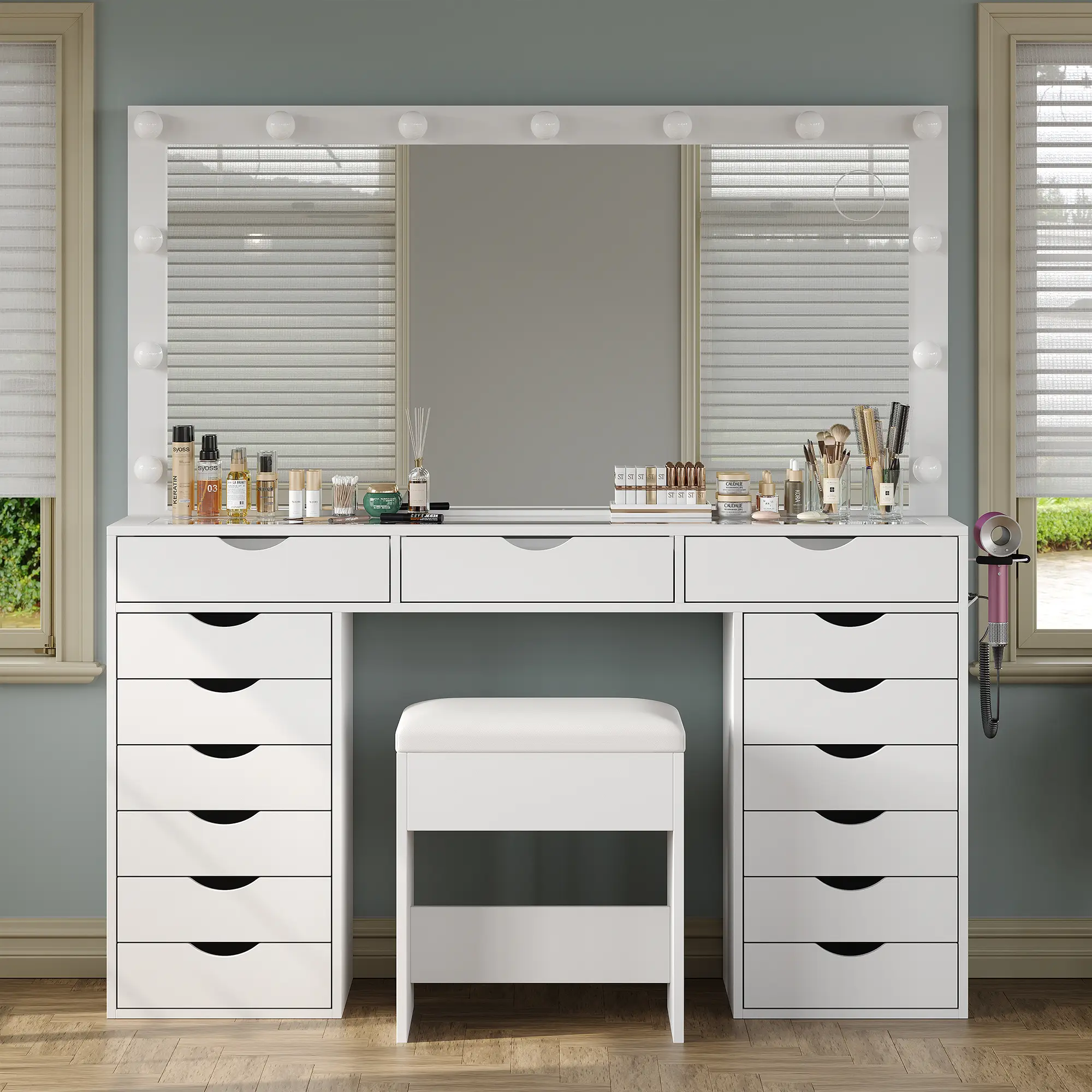 FUSOU 55“W 15 Drawers Vanity Desk with Power Outlet, Makeup Table with Mirror and LED Lights, 3 Color Lighting Modes, Vanity Table with Chair for Bedr