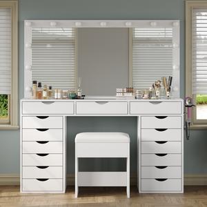 FUSOU 55“W 15 Drawers Vanity Desk with Power Outlet Makeup Table with Mirror and LED Lights [Shipping By 2 Packages], 3 Color Lighting Modes, Vanity Table with Chair for Bedroom,Deals For You Days