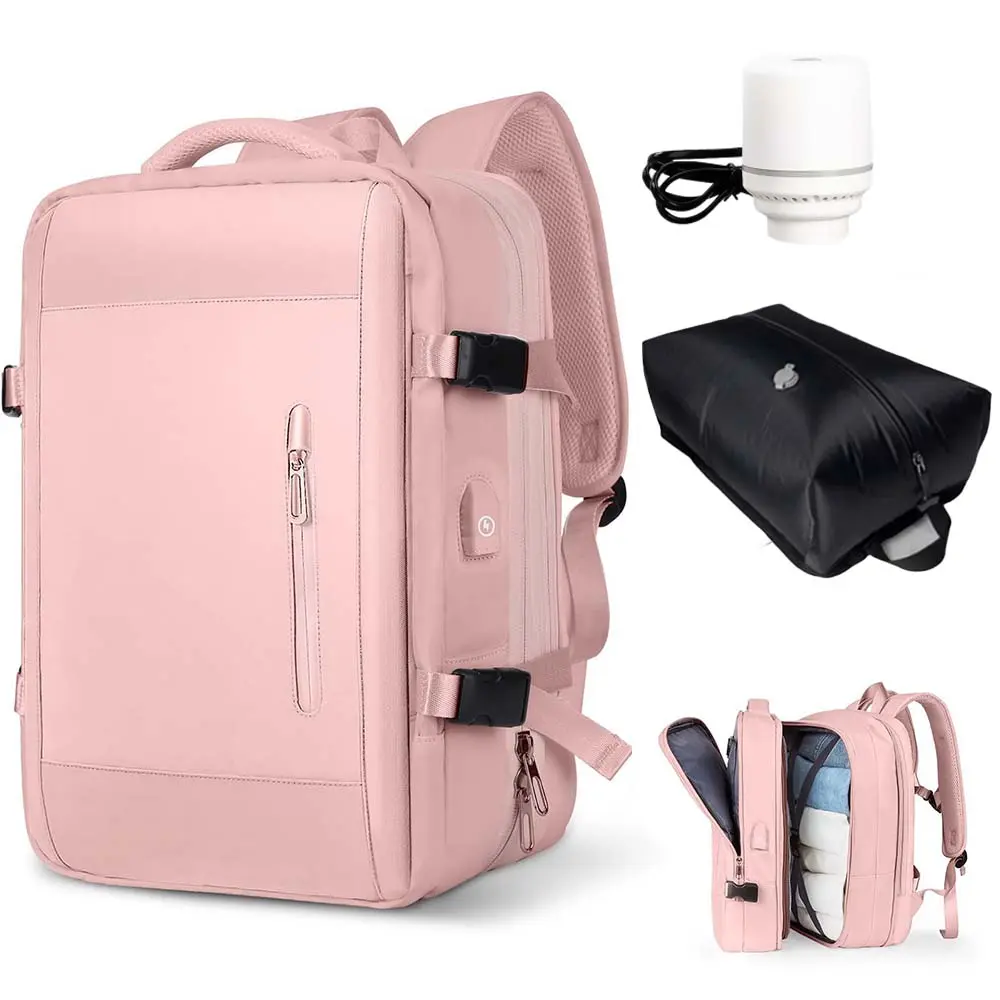 Unisex Nylon Expandable Carry On Business Travel Backpack - 39L, 16L Detachable Vacuum Compression Bag with Electric Pump, 180° Opening, Wet/Dry Separation, USB Port, Cushioned, Compact Portable, for Work, Travel Bag