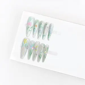 Floral Cat Eye Press-On Nails - Summer Ready Pre-Made Set Elegant White-Enhancing False Nail Tips J019-012 Long Water Drop Handmade Coffin Almond Nail Art Kit Glitter Base French Tip Acrylic Press Nails Spiderman