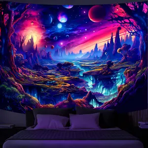 Fantasy Planet Tapestry, Blacklight Forest Natural Landscape Retro Aesthetic Wall Hanging, UV Reactive Sunset Trees Tapestries for Bedroom, Living Room - 40" x 60" Art Design