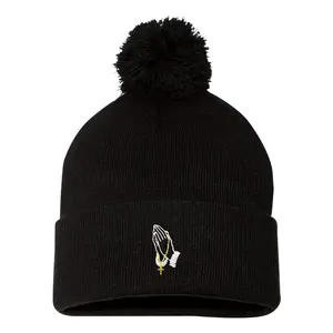 Praying Hands Embroidered Knit Beanie Pom Cap