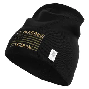 US Marine Veteran Flag Symbol Embroidered 8 Inch Short Beanie Made in USA