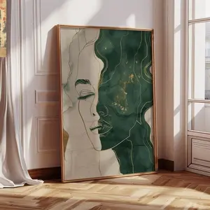 [Sale Off Up To 50%] [No Frame] Abstract Female Face Poster Wall Art Emerald Green & Gold Line Art Print Modern Minimalist Woman Portrait Boho Glam Home Decor