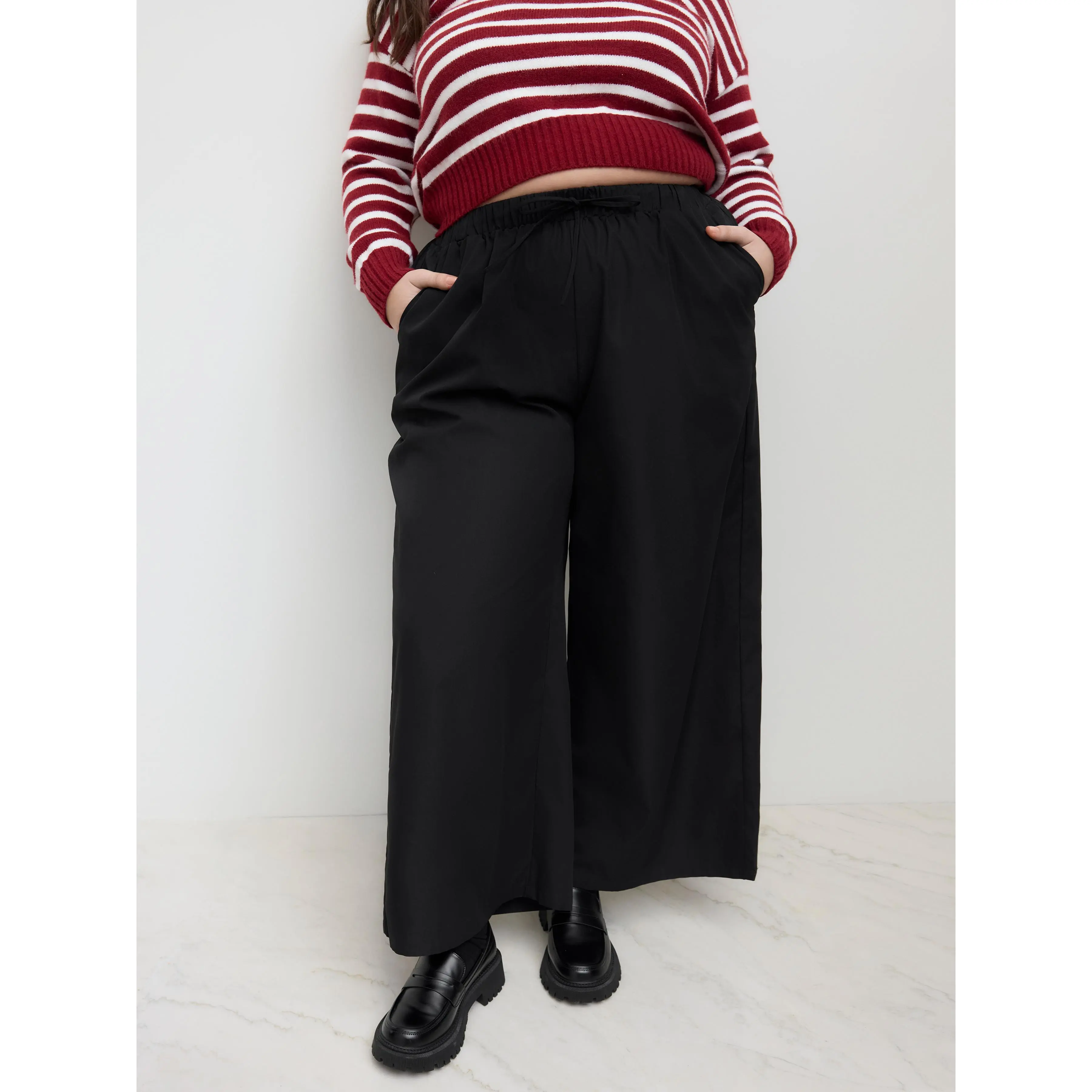 Women's Size Cotton-Blend Wide Leg Trousers, 2 Colors, 0-24 Size Range, Mid-Rise, Solid, Elastic Waist, With Pockets