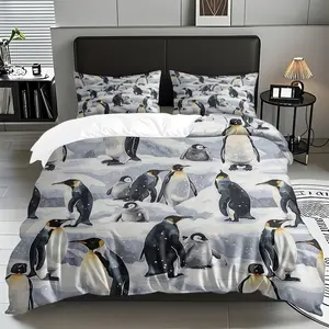 2/3 PCS Penguin Group Snow Scene Pattern Theme Luxury Duvet Cover Set(1*Duvet Cover+1/2*Pillowcase,No Filling)Skin-Friendly Soft Digital Printed Bedding Set,For Christmas, New Year Gifts For Friends! Suitable For All Year Round! Machine Washable