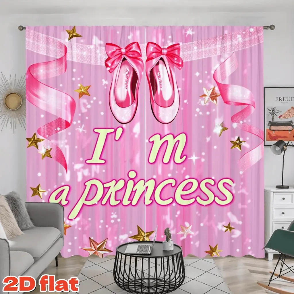 2D Flat 2Pcs Pink Princess Ballet Shoes Curtain Panels with Ribbons and Stars, Rod Pocket Style, Semi Sunshade Polyester Fiber, for Home Living Room Bedroom Study Window Decoration, Anti-privacy, Cute Decor.