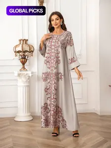 Elegant Boho Muslim Women's Long Robe, All over Print, Loose-Fitting, Round Neck, Flap Sleeves, Long Sleeve, All Seasons, Maxi