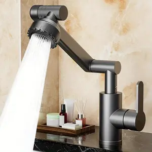 1080° Rotating Bathroom Sink Waterfall Faucet, Adjustable Height Single Handle Single Hole, 2 Spout Types and 2 Soft Hoses, Basin Rotating Faucet