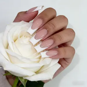 24 pieces of long rectangular white French-style pointednail stickers, long rectangular full coverage extensionpieces, suitable for various female parties false nail nailselegant fake finish cover Press-On sweet medium squarecute glossy shiny formal