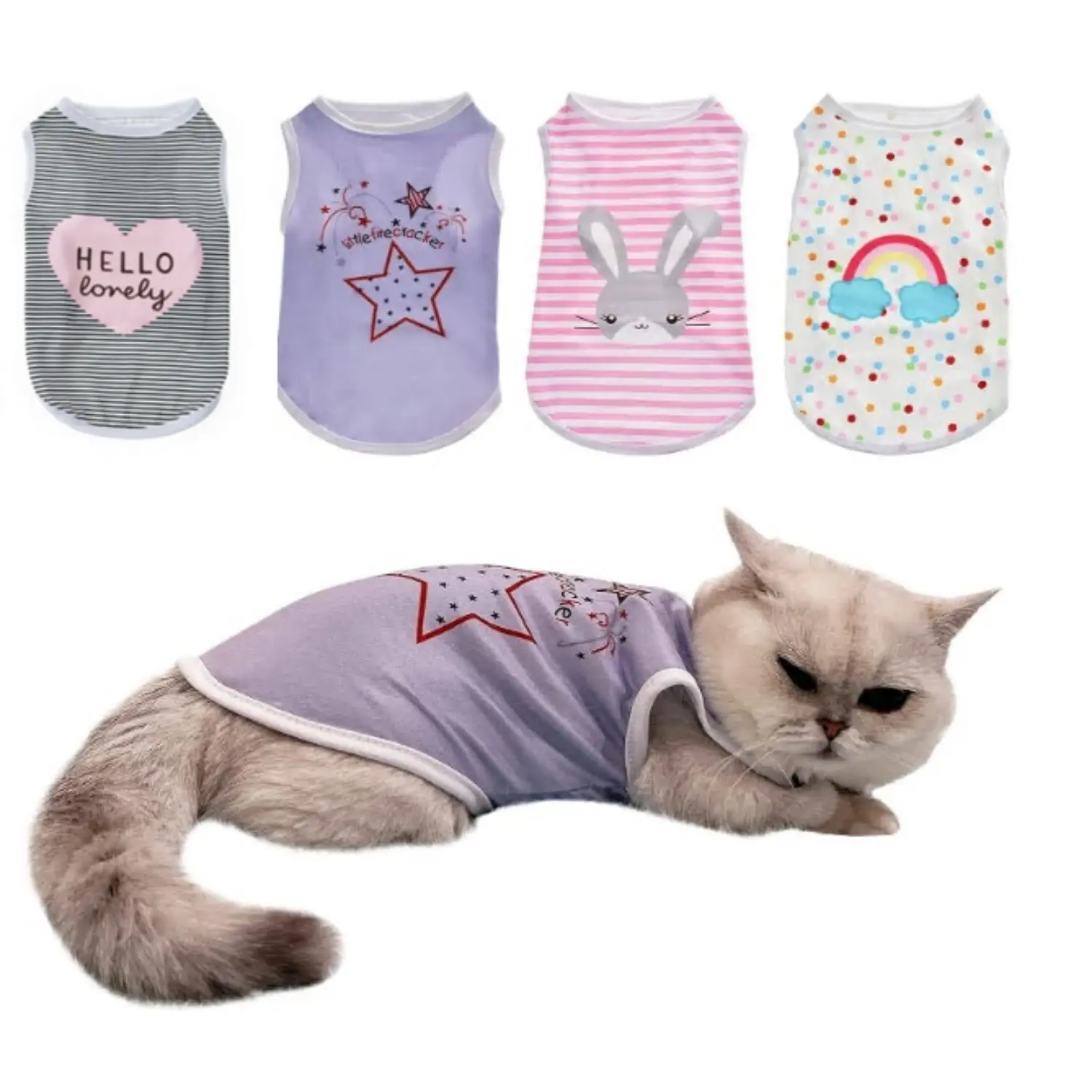 4-Pc Polycotton Sleeveless T-Shirts Pet Outfit Set - Striped & Polka Dot Vests, Moisture-Wicking, Soft, Breathable for Small Dogs, Helps Reduce Shedding, Size Chart Included (Small) - Home Improvement Supplies for Birthday, Wedding