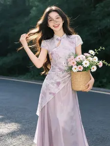 Lilac Whispers Improved Qipao | National Trend Floral Summer Maxi | Slim Waist Gentle Wind Chinese Dress