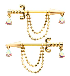 Gold PVD Rainbow Aurora CZ Dagger Dangle Chain Teardrop Stainless Steel Nipple Barbell
