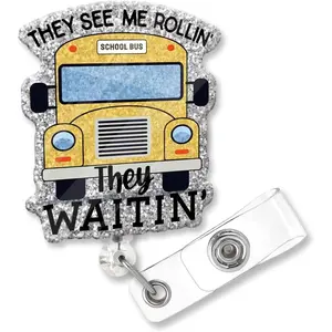 ZBBFSSCB They See Me Rollin They Waitin Funny Glitter Badge Scroll Retractable, Cute School Bus Badge Holder for Teachers, Christmas Birthday Graduation  for Teachers School Bus Driver