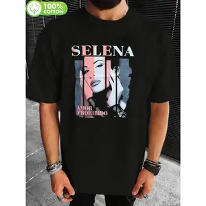 -Inspired Couple Tees: Ride the Vintage Fashion WaveMen's Selena Quintanilla Graphic T-Shirt- Breathable Heavyweight Cotton, Black with Vibrant Pink&  Art Print, Regular Fit Casual Tee for Adults, Machine Washable, Allseason Apparel, Class