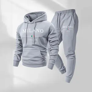 Men's Milano Style Letter Print Hoodie & Sweatpants Set Casual Streetwear Tracksuit for Fall Winter Soft Fleece Pullover Hoodie with Drawstring Pants Warm Athletic Jogger Outfit Trendy Two Piece Matching Set for Daily Wear Workout or Travel long  pant cas