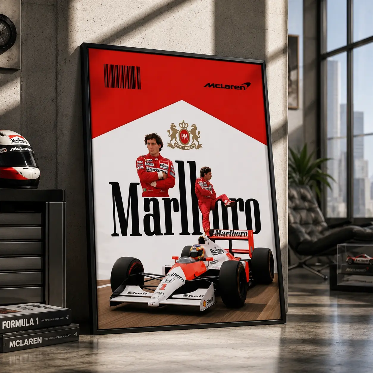 Vintage F1 McLaren Racing Car Driver Framed Canvas Wall Art - Retro F1 Legend Poster, Classic Motorsport Red-White Print, Garage Man Cave Decor Gift for Car Enthusiasts