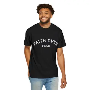 Men's Relaxed-Fit Short-Sleeve Cotton T-Shirt - Soft Knit Round Neck Streetwear Christian Top with Inspirational Faith Over Fear Design