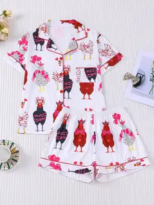 Women's 2-Piece Cute Love Chicken Print Pajama Set | Notch Collar Button Down Sleepwear, Soft Breathable Loungewear | Fun Cartoon Hen Pattern, Sweet Kawaii Ins Style | Trendy Wearable Outside PJs for All Seasons Casual Relaxing