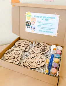 Halloween Dia De Los Muertos Skull Paint Kit - DIY Craft Set with 4 Skulls, Decor Pieces, and Paint Pods