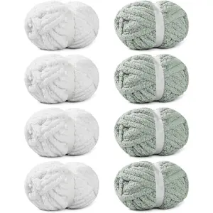 8 Pack Chunky Yarn for Hand Knitting, Chunky Chenille Yarn, Super Bulky Chunky Knit Blanket Yarns  Big Thick Chunky Yarns for Crocheting, 4 White & 4 Sage Green(27yds,7.97 oz Each Skein)