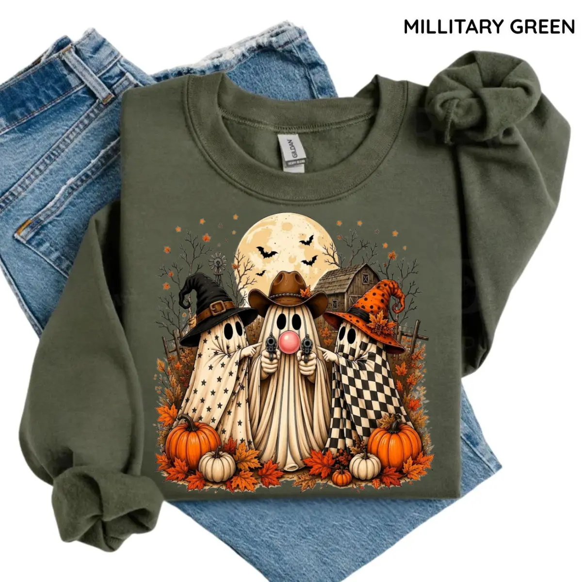 Vintage Ghost Trio Sweatshirt, Bubble Gum Ghost Halloween Crewneck, Cowboy Witch Ghost Sweatshirt, Retro Spooky Farm Fall Crewneck