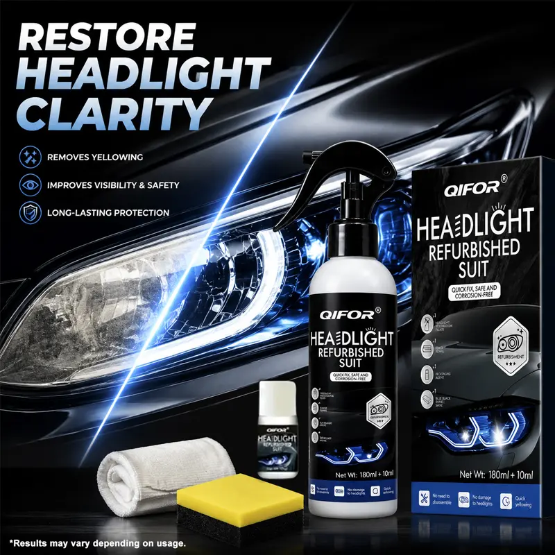 QIFOR Automotive Headlight Restoration Fluid Kit, Fix Yellowed, Oxidized & Cloudy Headlights, Restore Crystal Clear & Crisp Shine for Headlamps & Fog Lights, Crystal Coating Solution, Full DIY Detailing, Easy Application.
